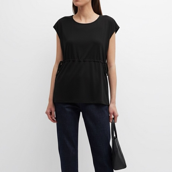 EILEEN FISHER NWT XL Fine Jersey Jewel Neck Top in Black • Drawstring Waist - Picture 1 of 14